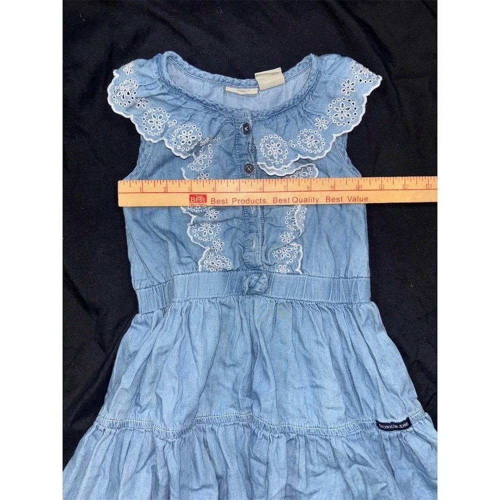 Calvin Klein Jeans Dress Girls 4T Blue Tiered Fit & Flare Eyelet Lace chambray